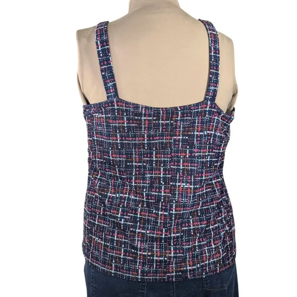 Chico's 2 (Large) Sleeveless Lined Navy Blue V-Neck Geometric Pattern Top